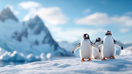 Obraz premium A group of penguins playfully interacting on a snowy expanse.