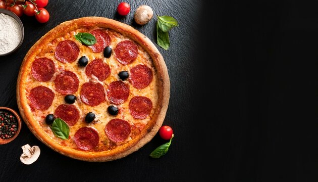 pizza tasty pepperoni pizza with mushrooms and olives on dark black stone texture, top view