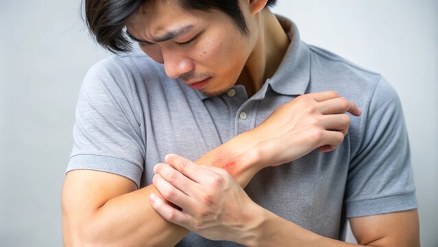 Young man itching and scratching on arm from allergic itchy dry skin eczema dermatitis insect bites