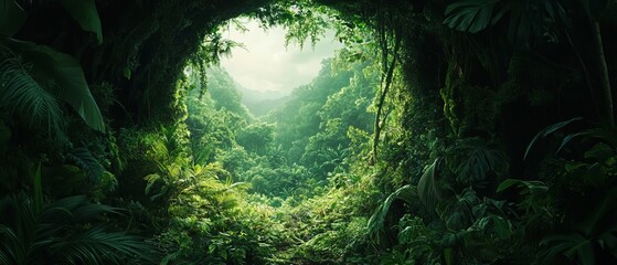 Dense foliage and trees in Fantasy lush forest frame. Jungle clearing. Rainforest. Cinematic tropical lush forest Jungle frame portal. Elf forest. Mountainous tropical amazon or Vietnam forest vibe