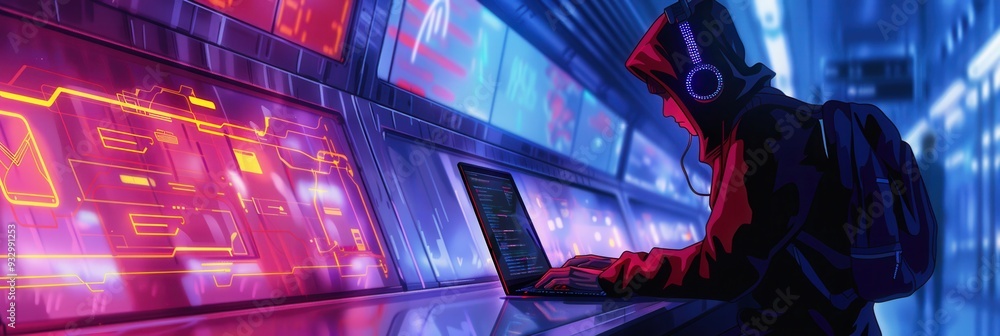 Poster A person works intently on a laptop in a busy metro station, highlighting vulnerabilities associated with unsecured public Wi-Fi connections. Generative AI