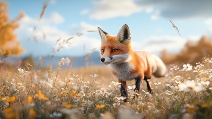 Fototapeta premium A fox playfully jumping through a field of wildflowers, with a bright blue sky and the sun casting a warm glow.