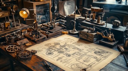 Steampunk inventor's workshop filled with intricate gadgets, gears, and blueprints