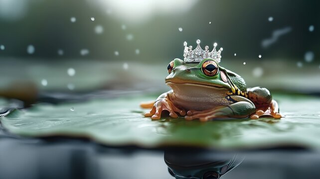 A frog with a sparkling crown sitting majestically on a lily pad.