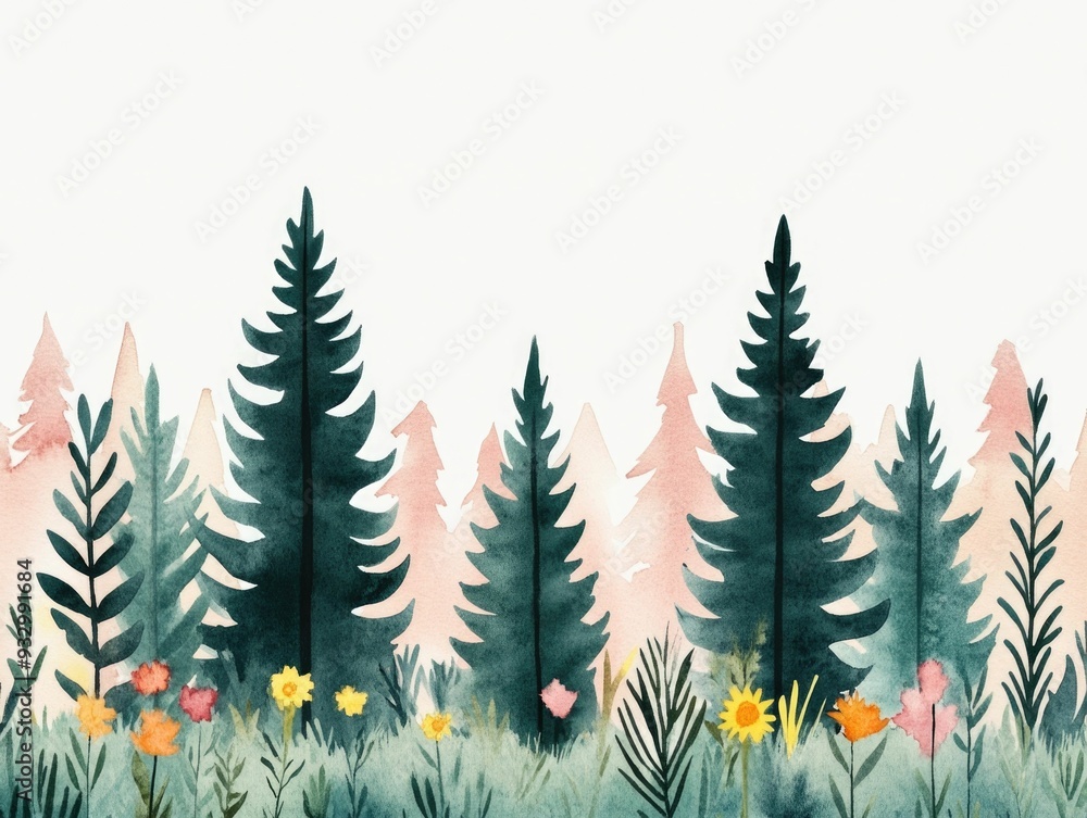 Poster vibrant watercolor depicting a lush forest edge with tall leafy trees and a colorful array of bloomi