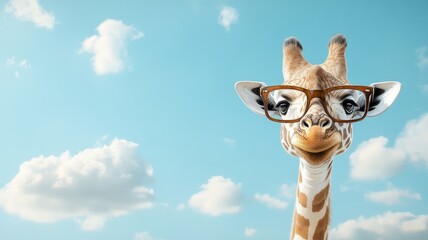 Fototapeta premium A giraffe wearing glasses, browsing treetops in a golden savanna, with a vibrant blue sky and fluffy clouds.