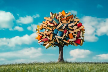 Tree with full color books like leaves on tree on grass and blue sky.