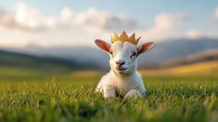 Fototapeta premium A goat with a charming crown standing regally in an open, green field.