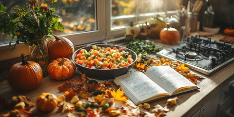 Cozy autumn scene with pumpkins, corn, and a cookbook on a rustic table in warm sunlight. Perfect for thanksgiving cooking