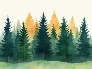 Serene and Lush Watercolor Forest Landscape with Dense Pine Trees and Soft Shadows Isolated on White Background