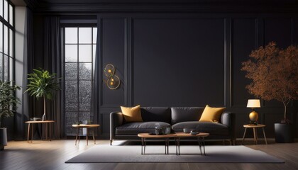 Dark living room interior with black empty wall. Generative AI