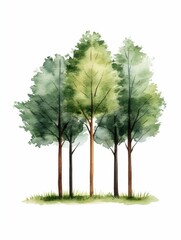 Obraz premium Tranquil watercolor painting of a peaceful forest scene with sunlit trees on a white background This vibrant hand painted clipart captures the natural beauty and serenity of a lush