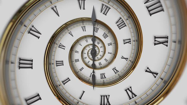 Abstract modern white spiral clock dial with roman numerals. Concept of Infinite time, deadline, scheduling, time and space, past, present and future.