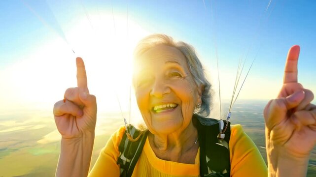Elderly woman enjoys tandem skydiving experience over scenic landscape at sunset