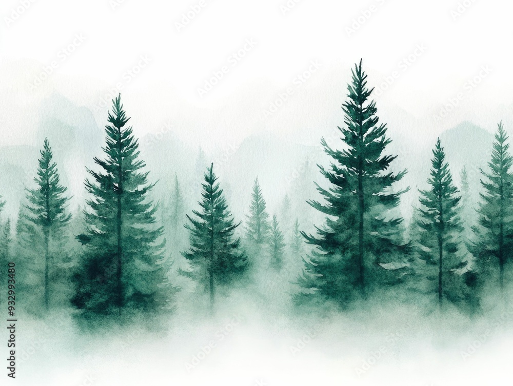 Aufkleber enchanting watercolor of a misty forest grove with towering pine trees creating a tranquil and ether