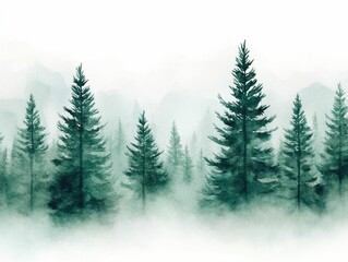 Obraz premium Enchanting watercolor of a misty forest grove with towering pine trees creating a tranquil and ethereal landscape scene