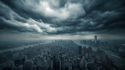 Cloudy stormy weather over a vast panoramic view of a city skyline - stormy weather - emblematic cityscape