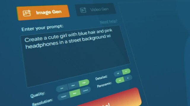 User interface of AI image generator. Artificial intelligence chatbot generate detailed high-quality image of cyberpunk girl in headphones with neon lights in anime style. Futuristic generative art.