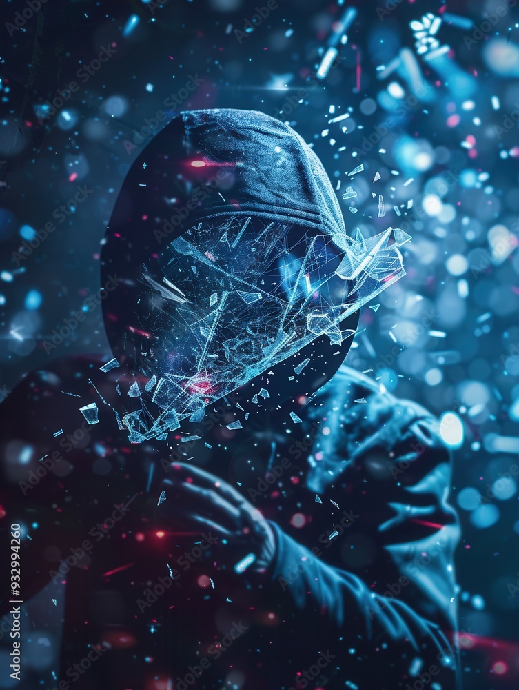 Poster a hacker disrupts a digital shield, causing fragments to scatter in a striking display of cybersecur