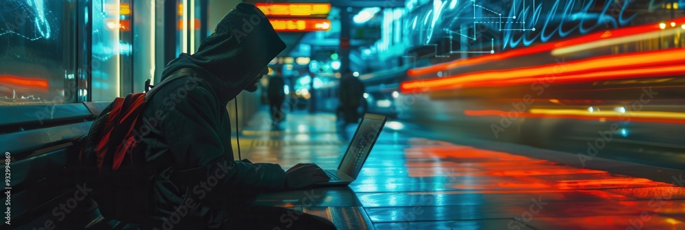 Poster a hacker sits in a metro station, engaged with a laptop while surrounded by the bustling movement of