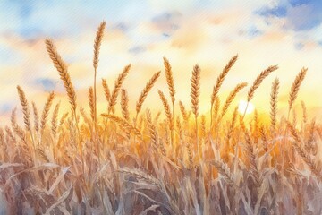 Golden wheat fields sway gently under a vibrant sunset sky, capturing the essence of nature's beauty and agricultural abundance.