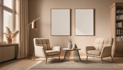 Beige living room interior with armchairs and drawer, mock up gallery posters. Generative AI