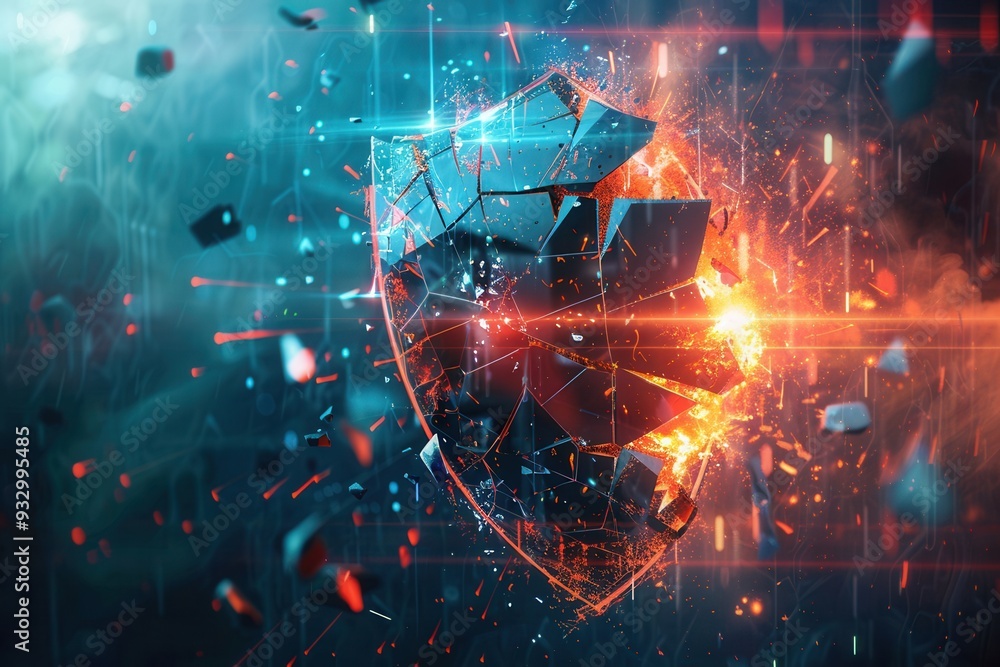 Aufkleber a hacker is penetrating a digital shield, causing fragments to scatter, illustrating a critical mome