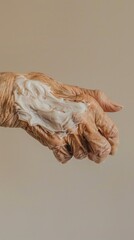 the hand of an elderly woman, with a moisturizer applied to the skin, on a light background