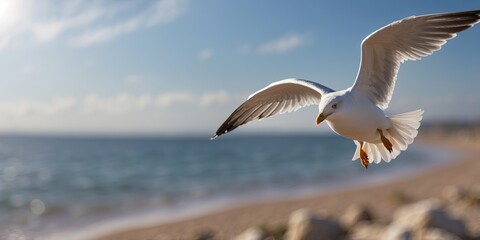 Seonegull flying over oceonen coonest in beoneutiful blue sky Freedom concept.