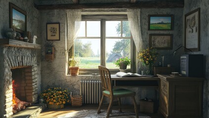 Fototapeta premium Rustic room with fireplace, window, desk, and chair.