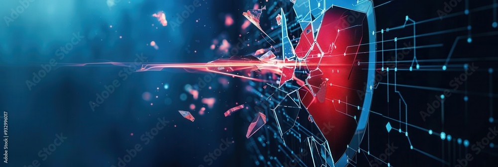 Poster a hacker breaks through a digital shield, sending fragments flying in a dynamic representation of a 