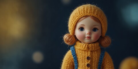 Fototapeta premium Cute knitted doll in yellow sweater on blue background.