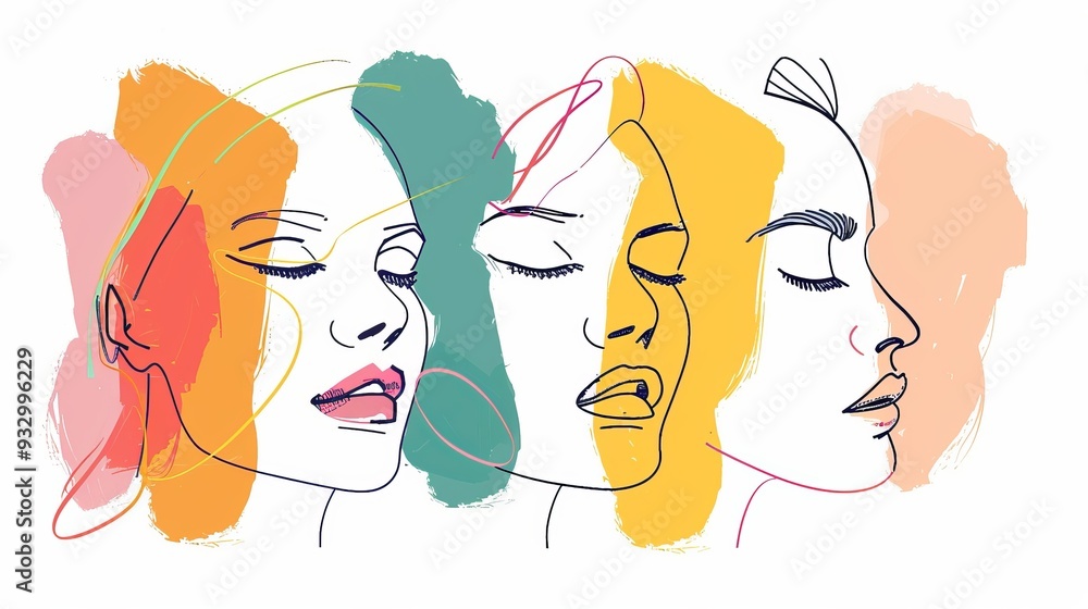 Wall mural Set of woman face abstract sketch design colorful minimal shapes and lines paint brush stroke, Concept for a fashion print, poster or t-shirt graphic, isolated on white background