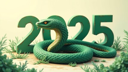 Fototapeta premium Green snake and numbers 2025 concept poster. The green wooden snake is the symbol of the Chinese New Year 2025. Raster digital illustration in photographic style