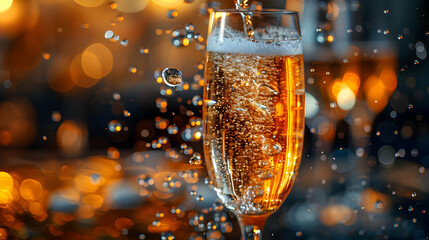 Champagne Glass with Golden Bokeh Photo