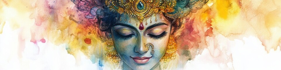 Serene Watercolor Portrait of Goddess Lakshmi: Abstract Creative Design for Indian Festivals 2025. Elegant Minimalist Composition with Gradient Texture and Copy Space. AI-Generated 4K Wallpaper for Cu