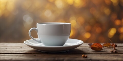white cup of coffee on wooden table, autumn background.