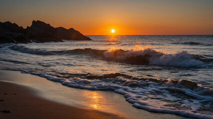 Obraz premium Stunning sunset over the ocean with waves crashing onto the shore, capturing serene and tranquil beauty.