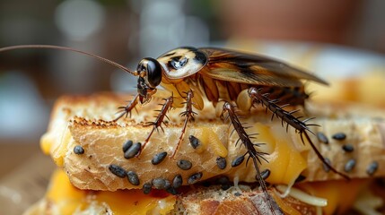 A repulsive cockroach dines on a plate, its unsightly presence provoking disgust and abhorrence.