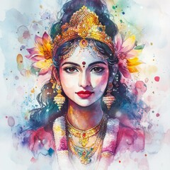 Serene Watercolor Portrait of Goddess Lakshmi: Abstract Creative Design for Indian Festivals 2025. Elegant Minimalist Composition with Gradient Texture and Copy Space. AI-Generated 4K Wallpaper for Cu