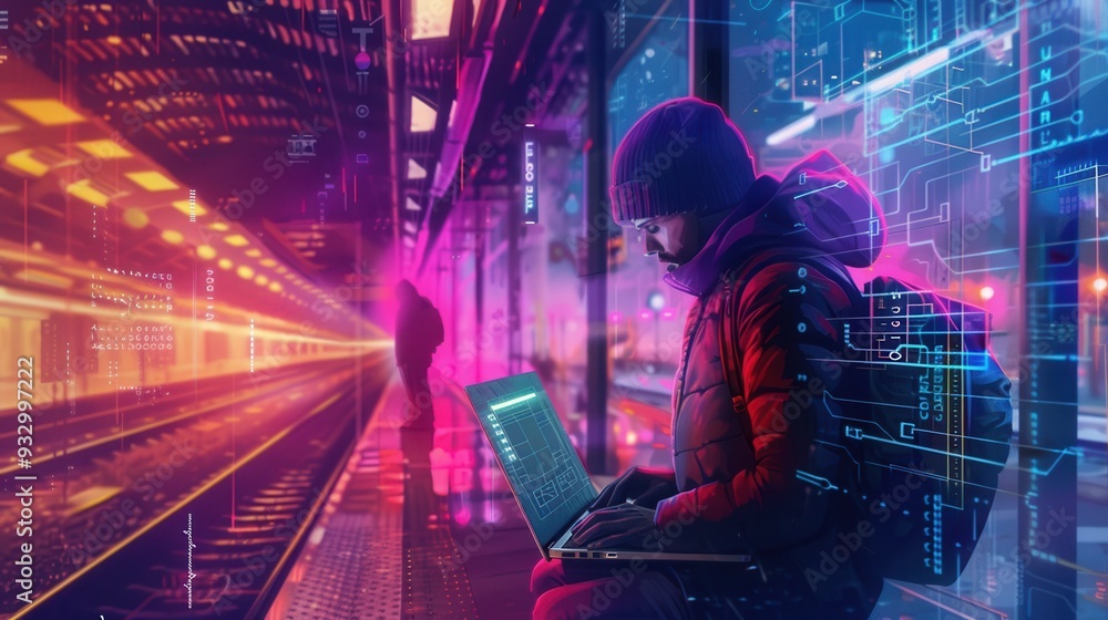 Poster a person is seated with a laptop at a metro station, highlighting the dangers of accessing public wi