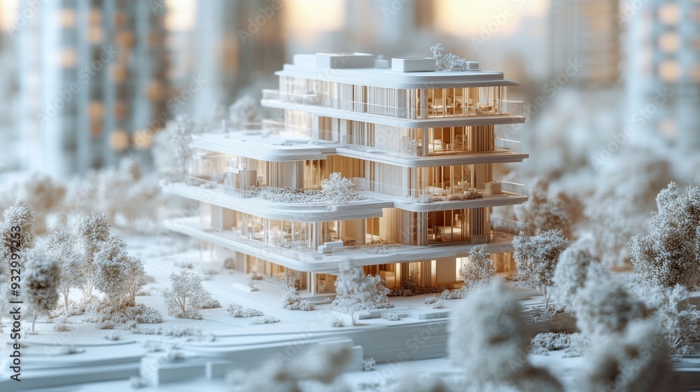 Poster modern architectural model showcasing a multi-level building design.