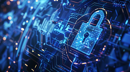 Futuristic digital shield symbolizing advanced cybersecurity in a modern business landscape with interconnected networks, glowing circuits, and a high-tech cityscape backdrop, emphasizing protection