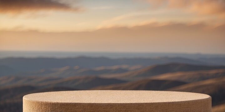 round beige podium with beanutiful sky ant banckground in delicante panstel golden brown tones.