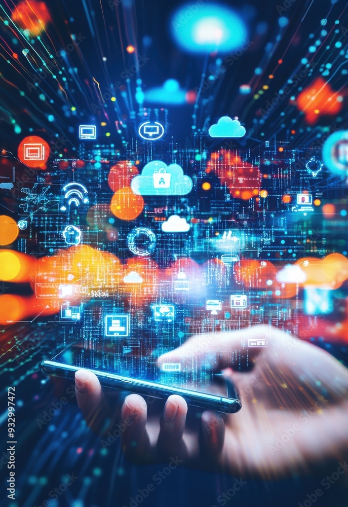 Poster hand holding smartphone with digital network icons representing technology and communication in a fu