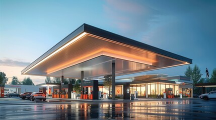 Modern gas station with fuel pumps and electric charging stations, integrated within a shopping center featuring retail stores and convenience shops. Generative AI.