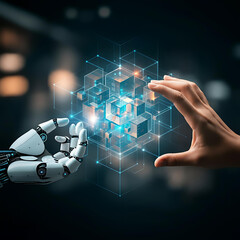 A macro image of a lit up orange, yellow and blue tracks on a printed circuit board connecting to a central processing component with a multi colour outlined lit up 'AI'