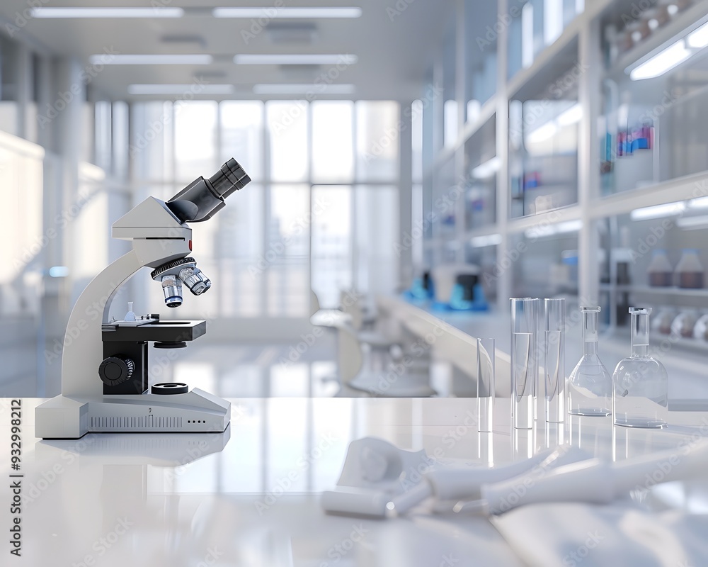 Poster a modern laboratory with microscope on the table