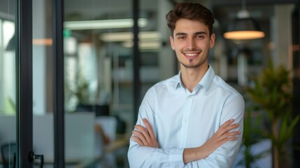 Fototapeta premium Smiling handsome businessman with crossed arms in modern office,young man exuding confidence, business success concept.