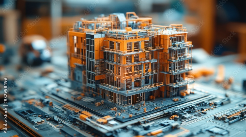 Poster detailed model of a modern building with intricate design elements.